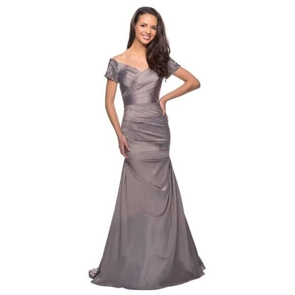 NWT La Femme 25996 Off the Shoulder Beaded Satin Trumpet Silver Gown Size 8 - Picture 1 of 16